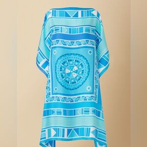 BEADWORK PRINTED SILK TWILL KAFTAN DRESS COVERUP IN BLUE one size